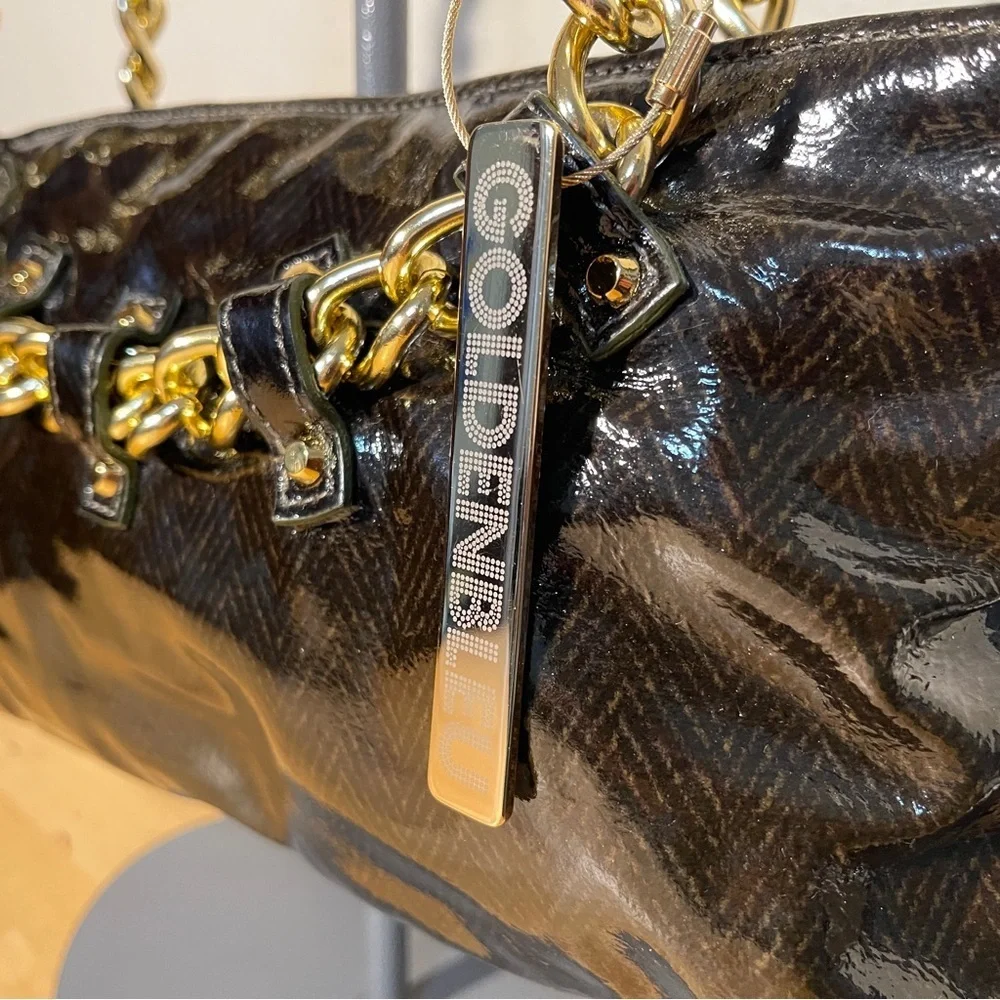 GOLDENBLEU Patent Leather Chain Strap Shoulder Bag Y2K Statement Purse